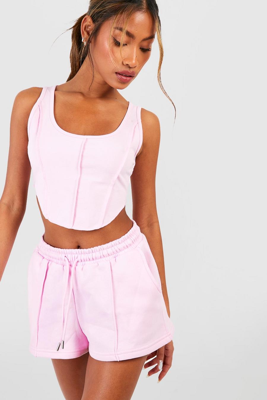 Pink Exposed Seam Crop Top And Shorts Set image number 1
