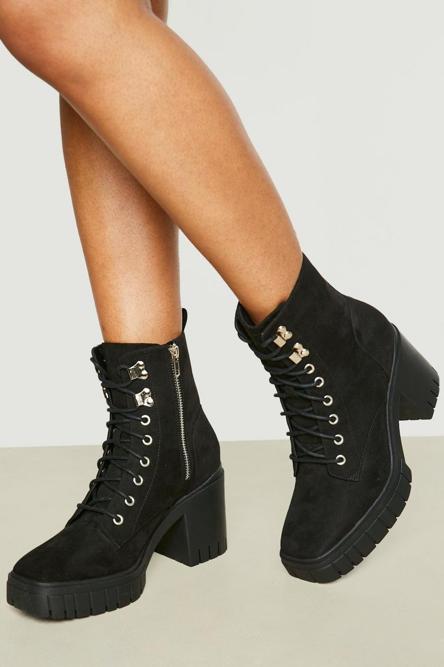 Black Eyelet Lace Up Block Heel Hiker Boots image number 1