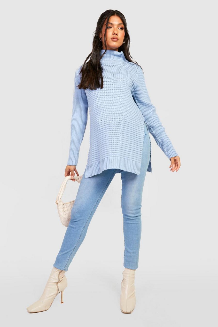 Blue Maternity Turtleneck Side Split Sweater