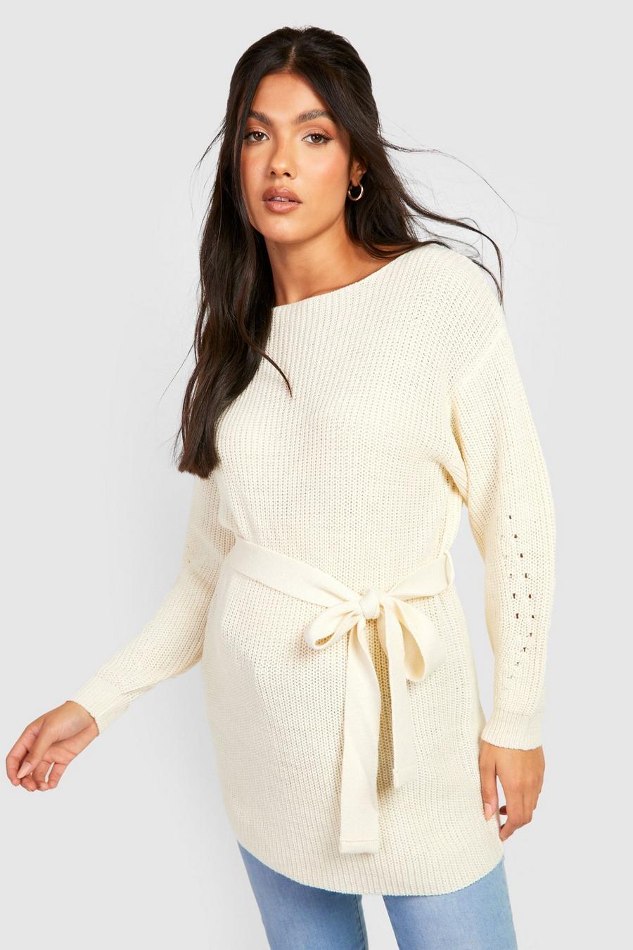 Oatmeal Maternity Tie Waist Sweater image number 1