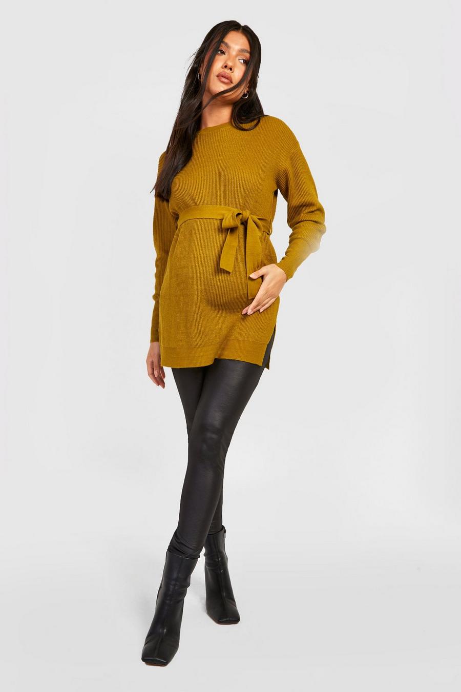 Chartreuse Maternity Side Split Knitted Tie Waist Sweater image number 1