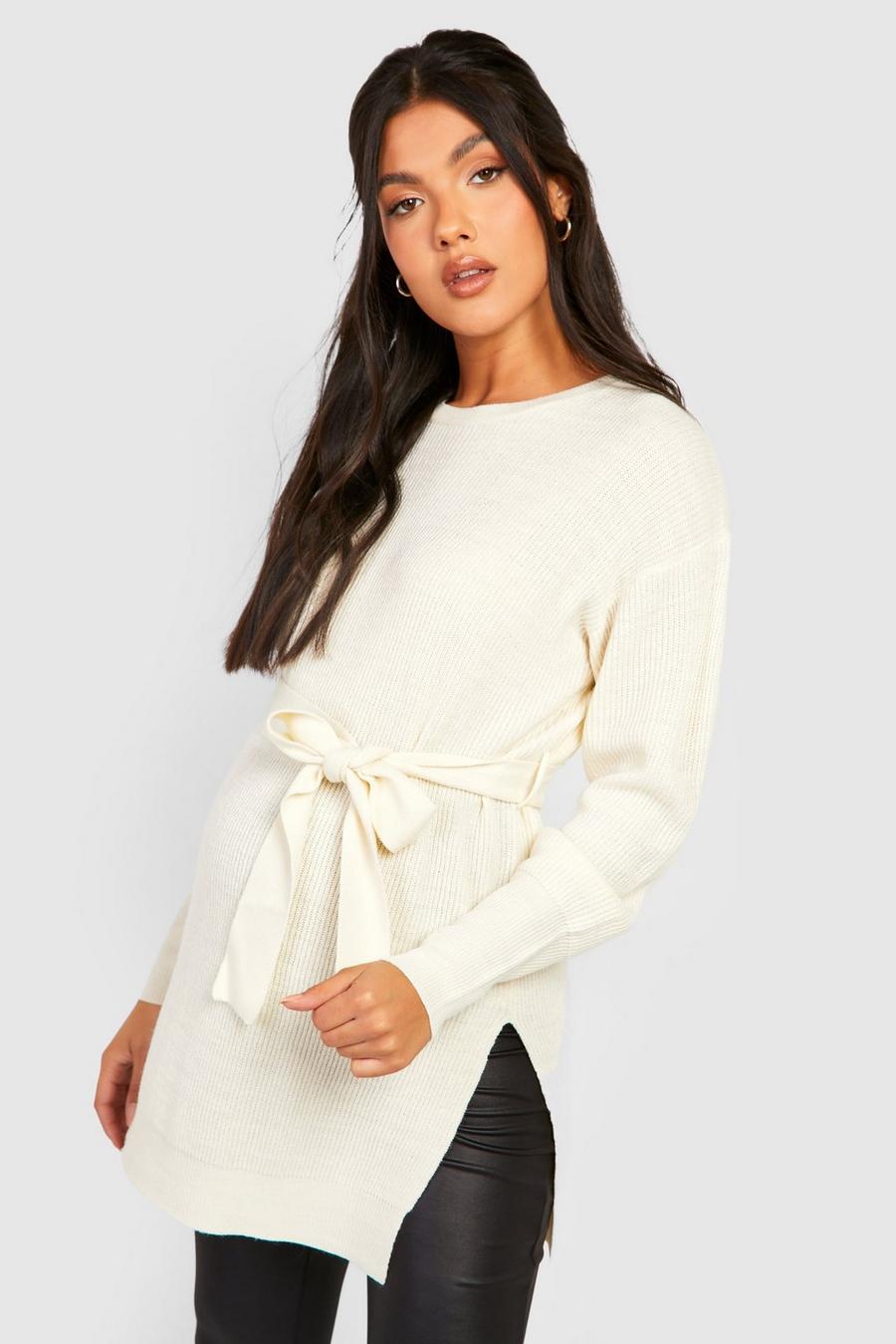 Oatmeal beige Maternity Side Split Knitted Tie Waist Sweater
