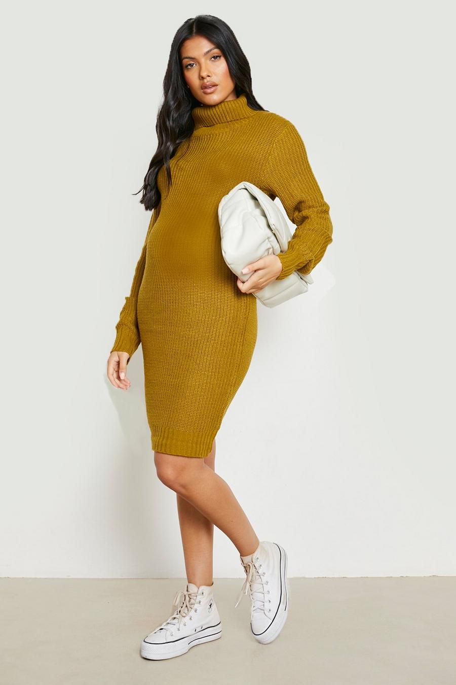 Chartreuse yellow Maternity Roll Neck Jumper Dress