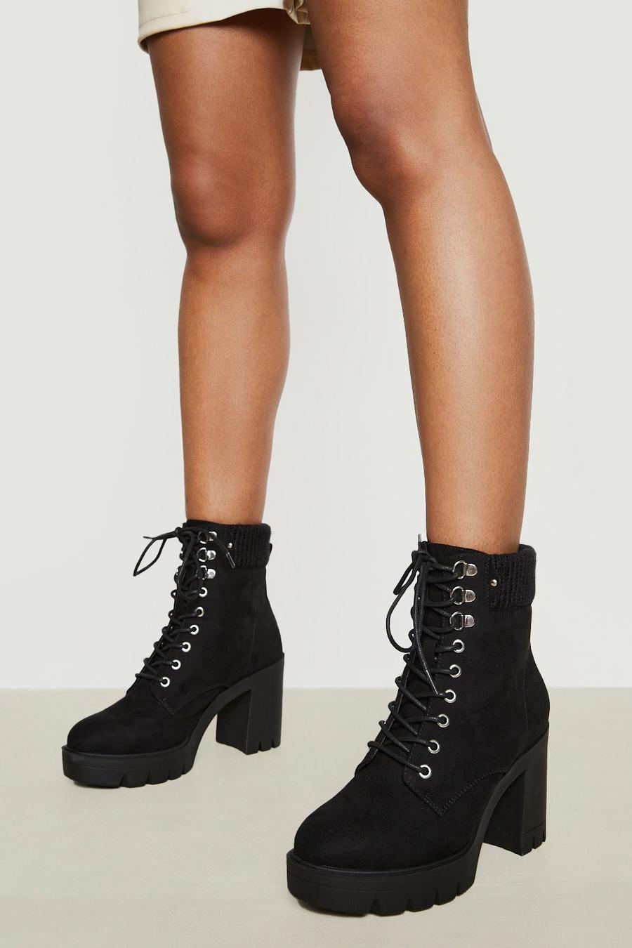 Black Ankle Detail Heeled Combat Boots