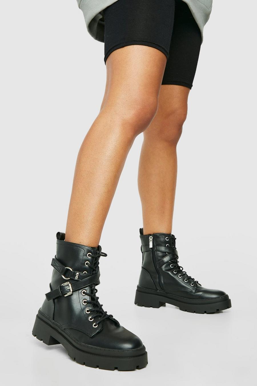 Black Double Strap Eyelet Hiker Boots