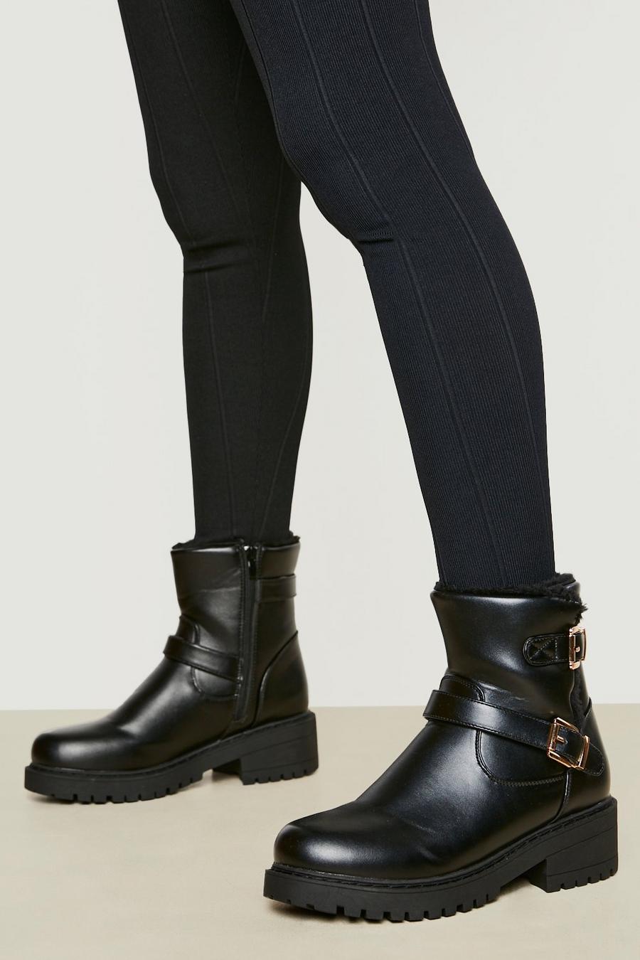 Black Wide Fit  Buckle Faux Fur Lined Shoe Boots image number 1