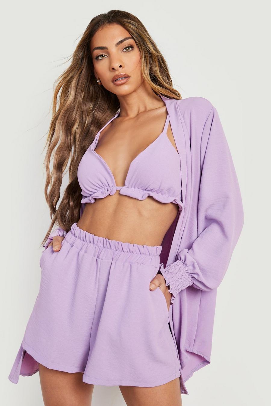 Lilac purple Textured Oversized Shirt, Bralettete & Shorts