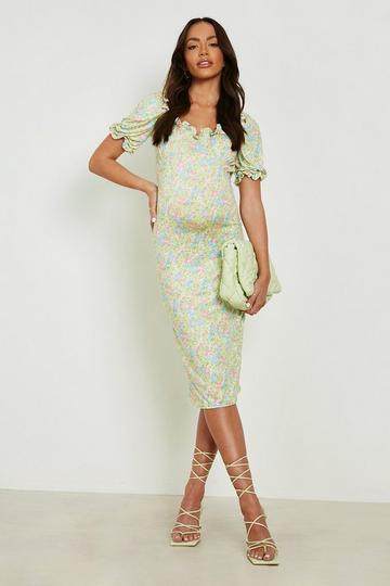 Maternity Floral Slinky Puff Sleeve Midi Dress green