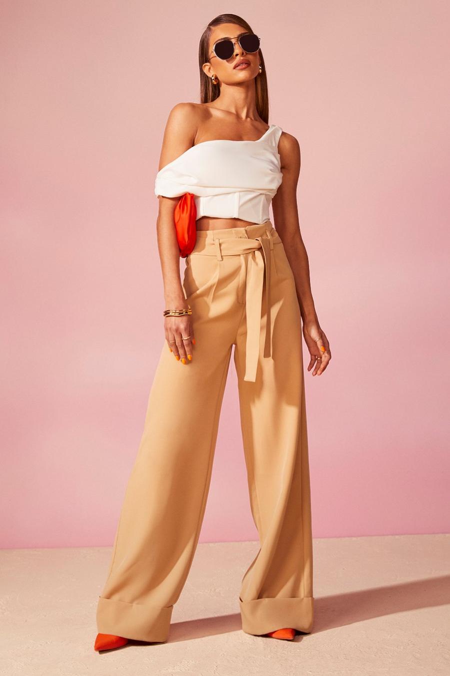 Camel Belted High Waisted Wide Leg Trousers image number 1