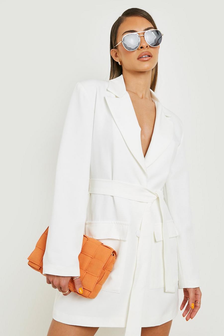 Ivory blanco Utility Pocket Detail Tailored Blazer Dress