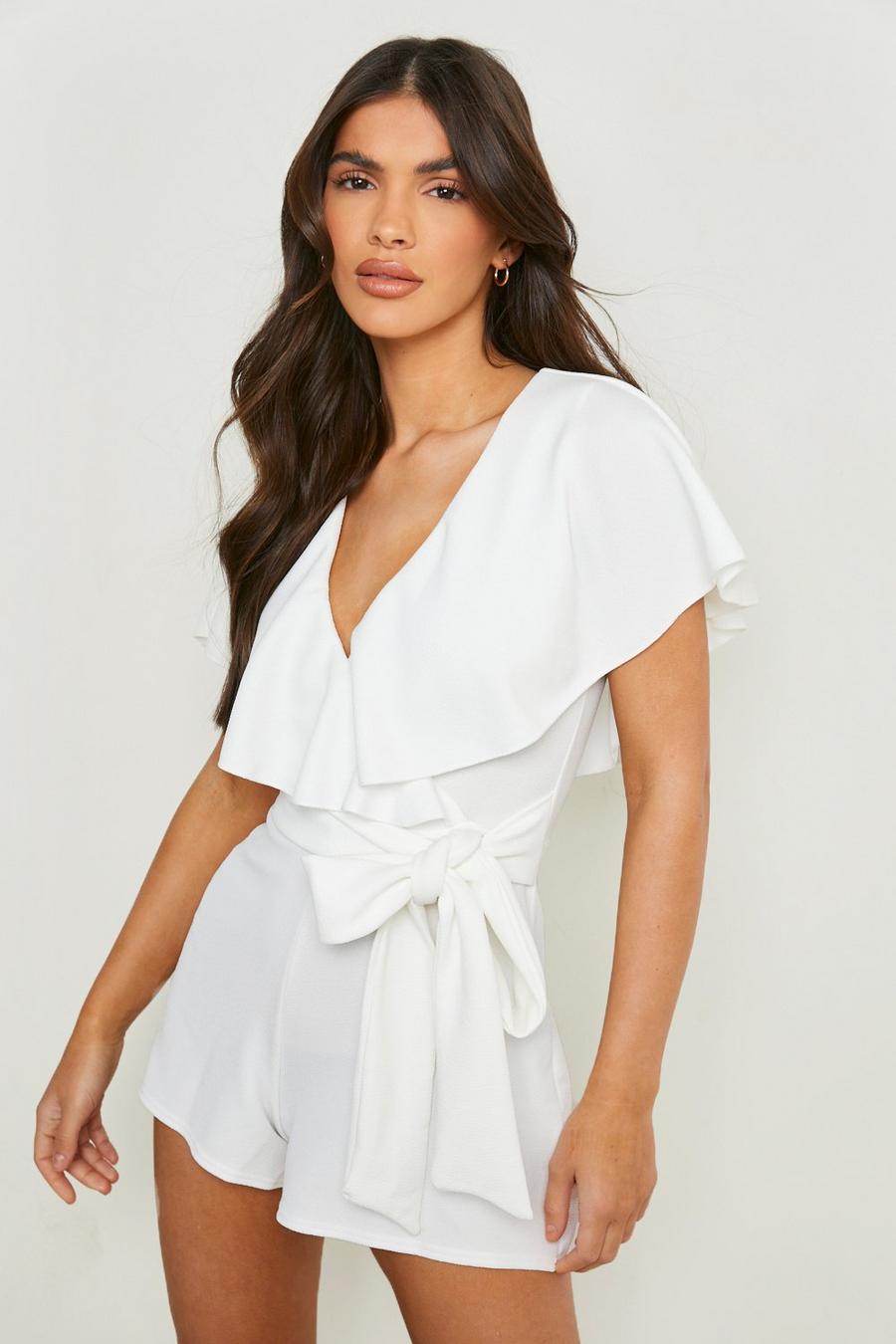 White Plunge Belted Playsuit
