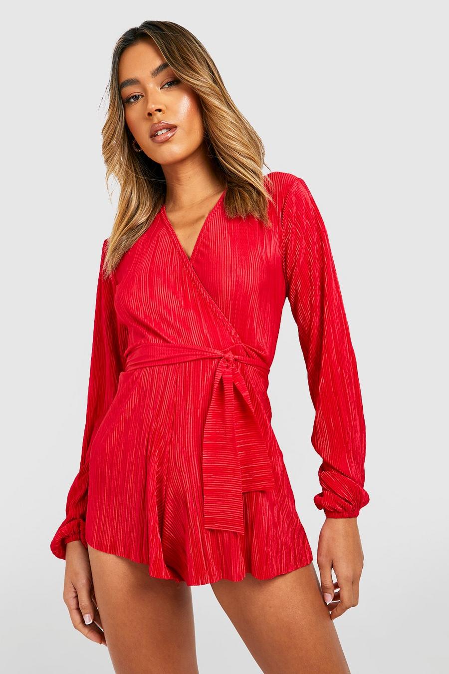 Red Plisse Belted Wrap Playsuit