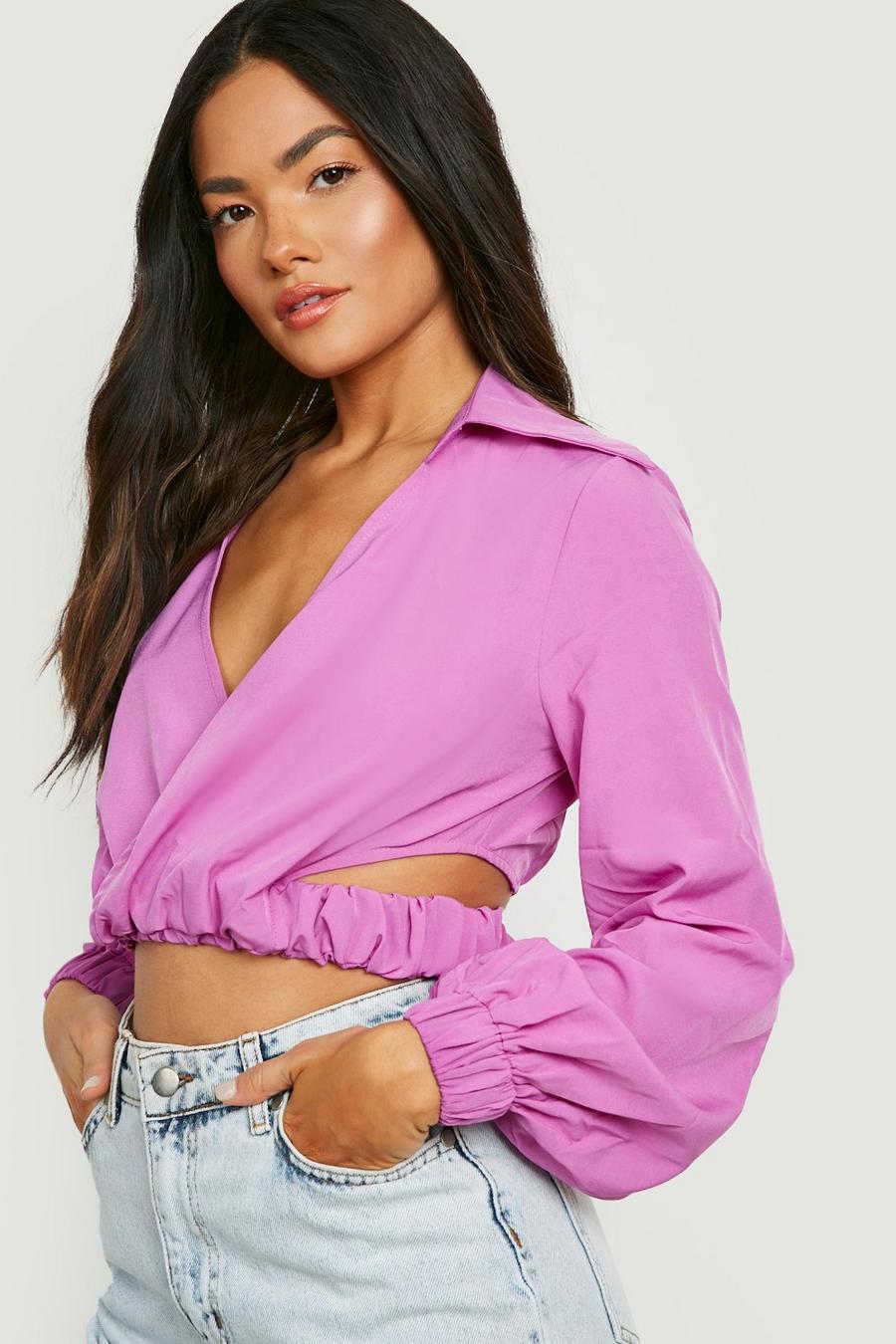 Purple Shirred Cuff & Waist Tie Back Shirt  image number 1
