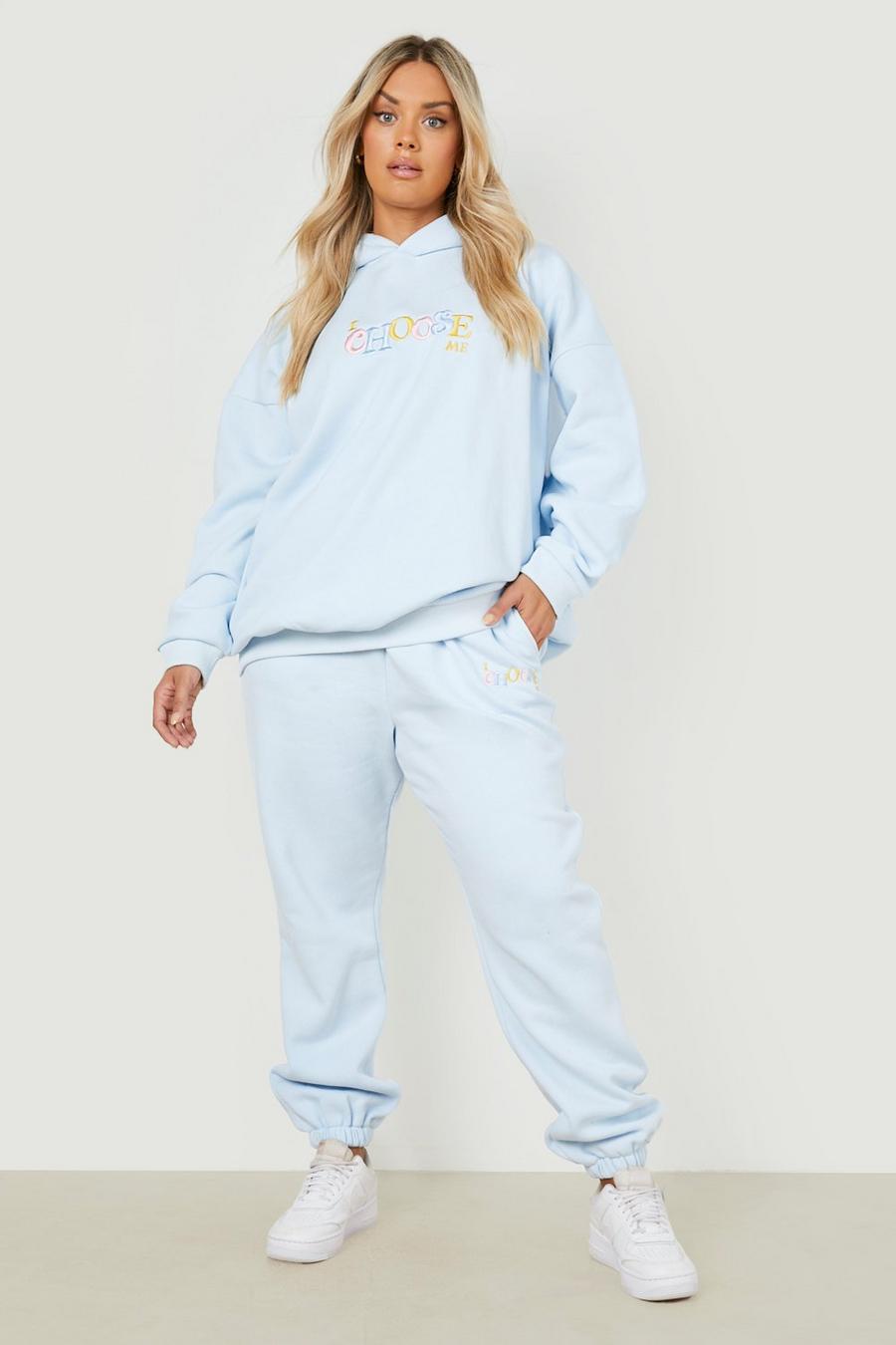 Baby blue Plus 'I Choose Me' Embroidered Hooded Tracksuit