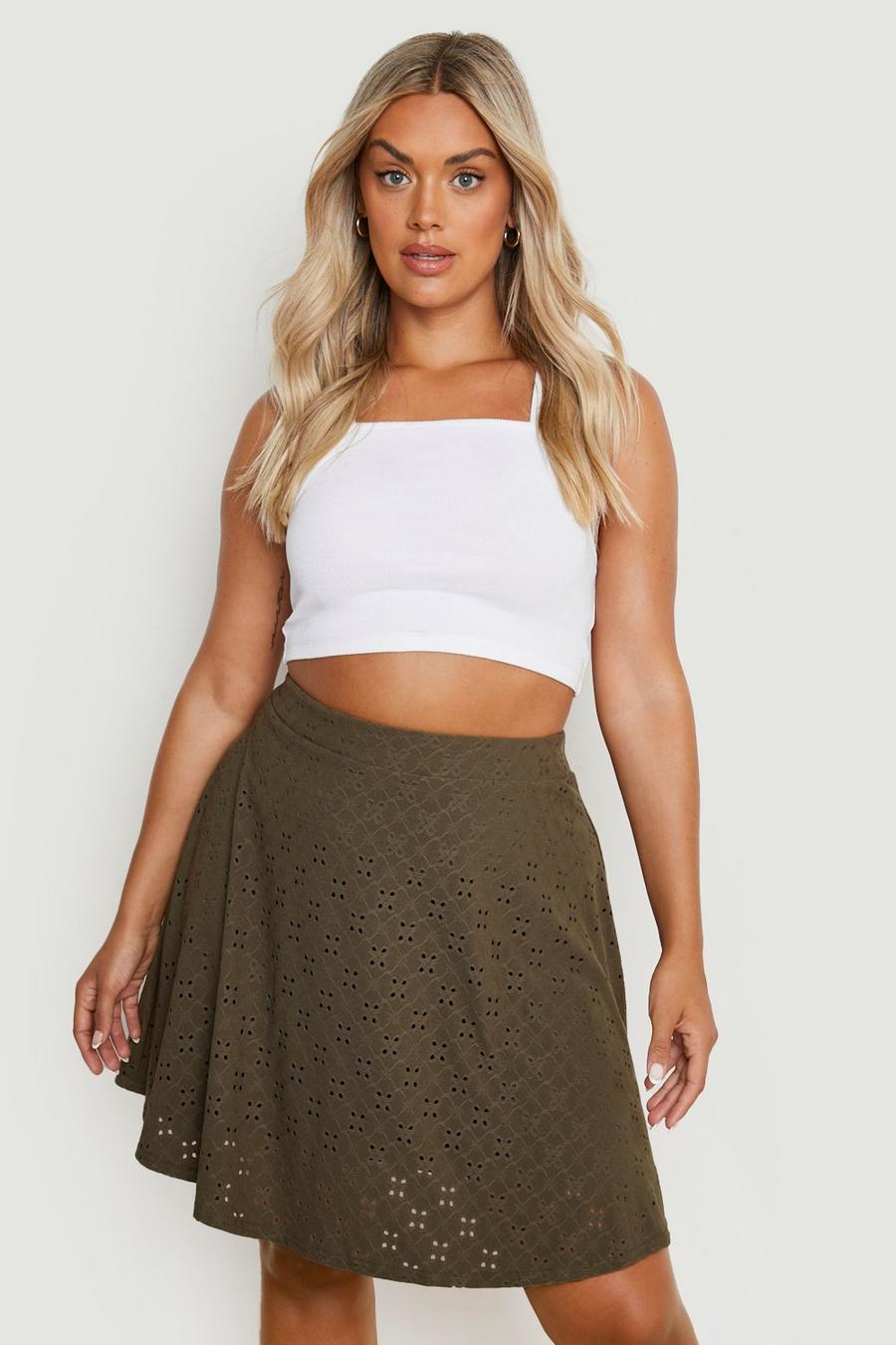 Gonna Skater Plus Size in jersey in pizzo sangallo, Khaki image number 1