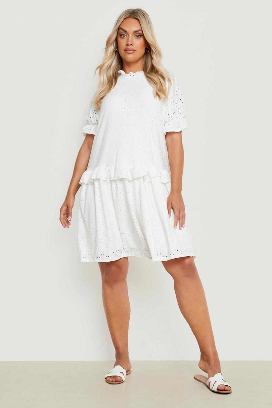 White Plus Jersey Broderie Smock Dress image number 1