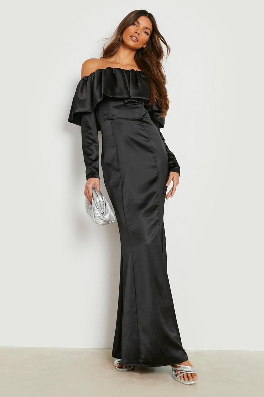 Black Satin Bardot Frill Detail Maxi Dress