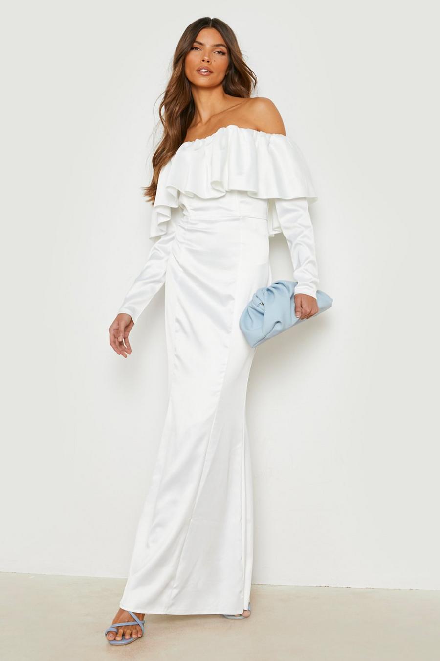 White vit Satin Bardot Frill Detail Maxi Dress image number 1