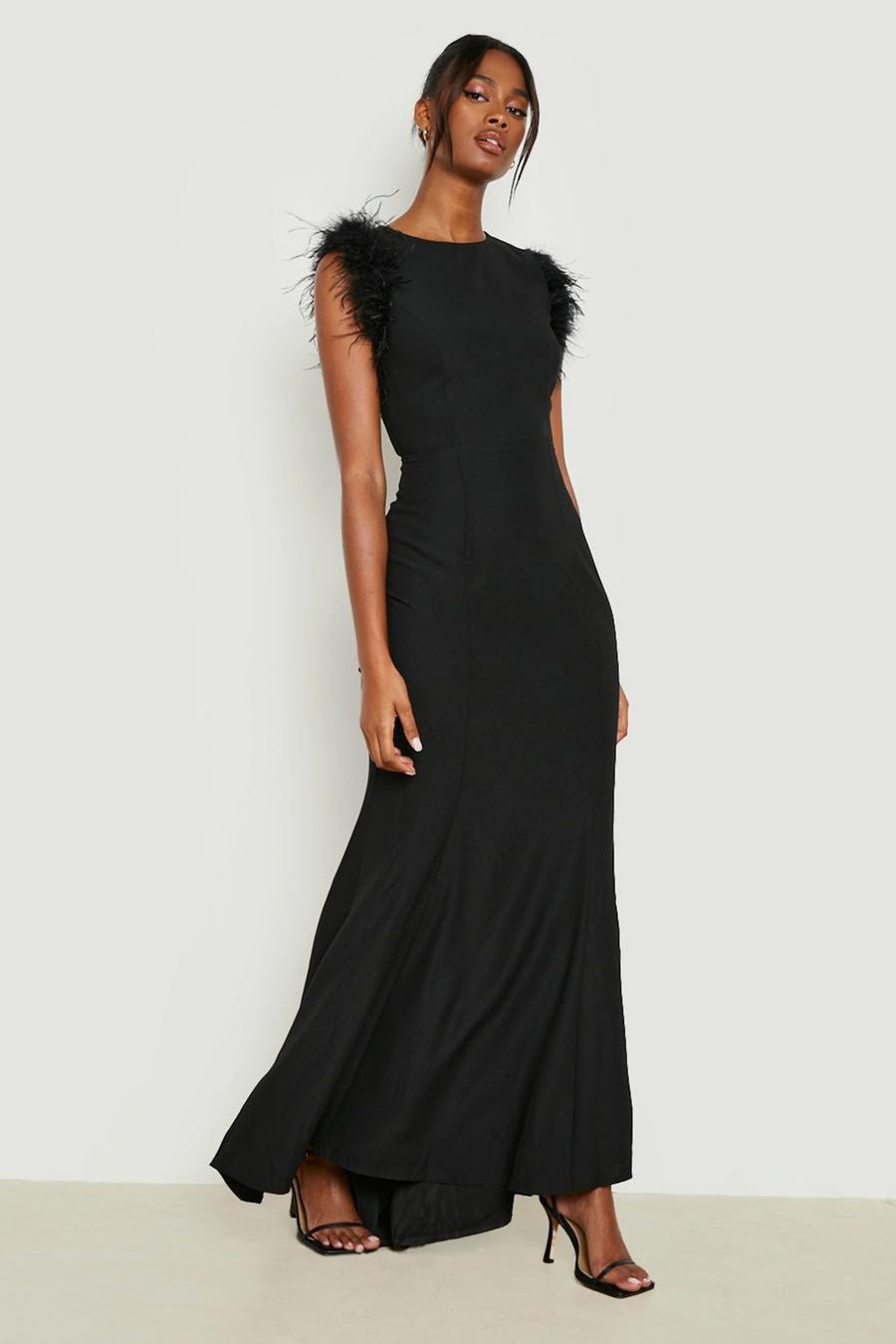 Black Feather Trim Open Back Fishtail Maxi Dress image number 1