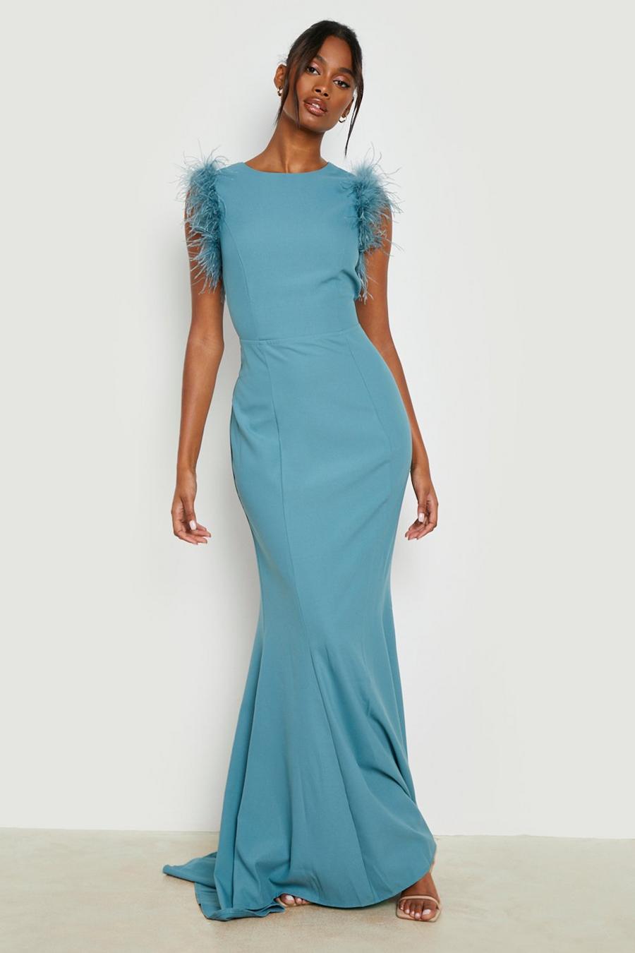 Blue Feather Trim Open Back Fishtail Maxi Dress image number 1