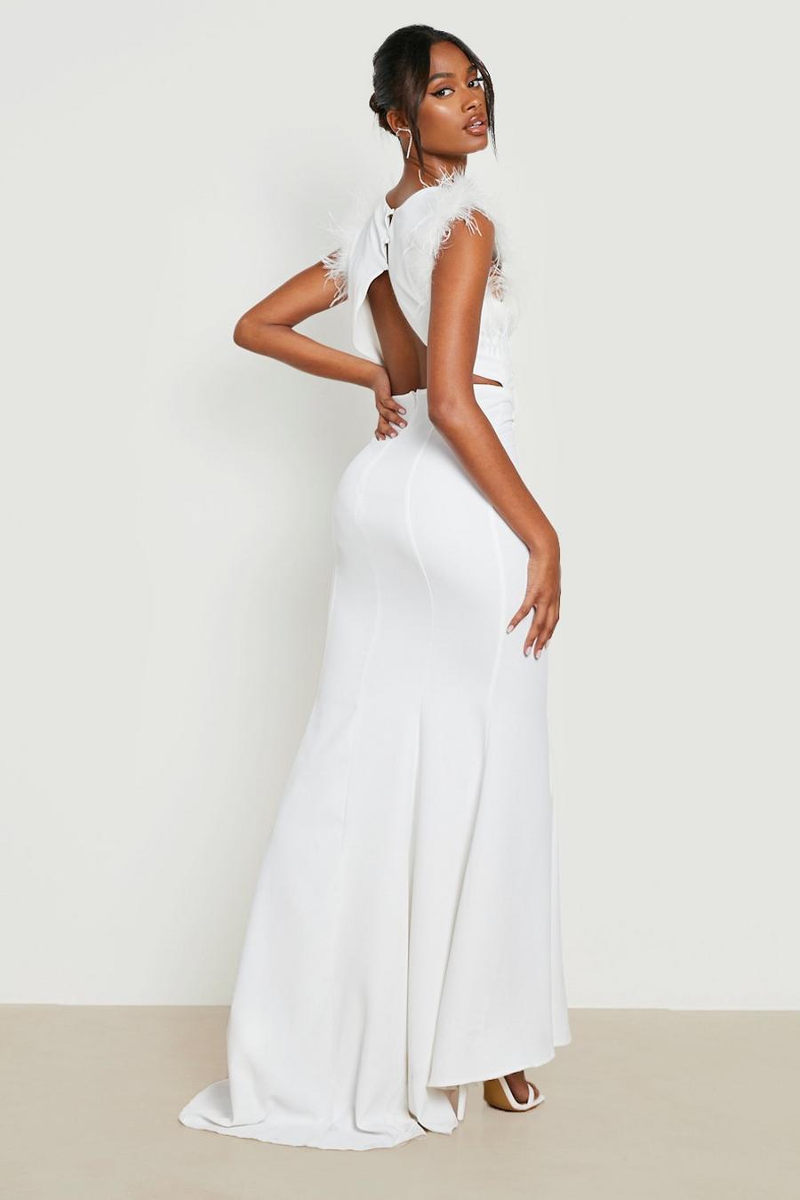 White Feather Trim Open Back Fishtail Maxi Dress image number 1