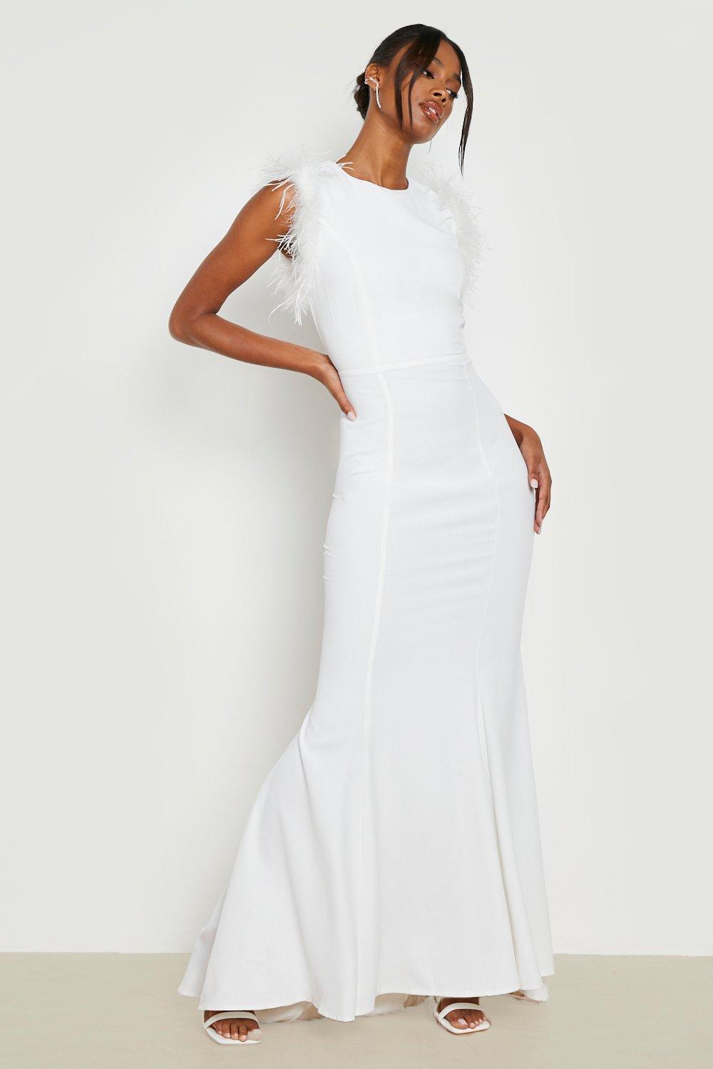 Feather Trim Open Back Fishtail Maxi Dress boohoo IE