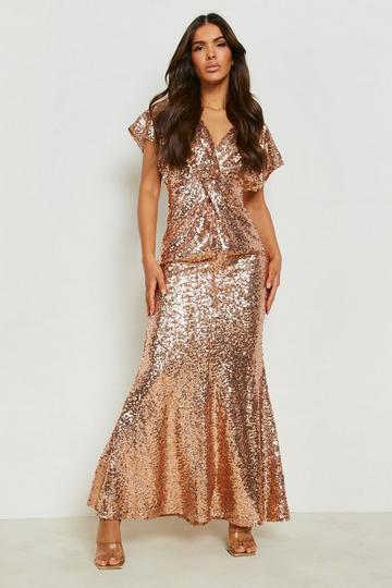 Gold Metallic Sequin Twist Maxi Bridesmaid Dress