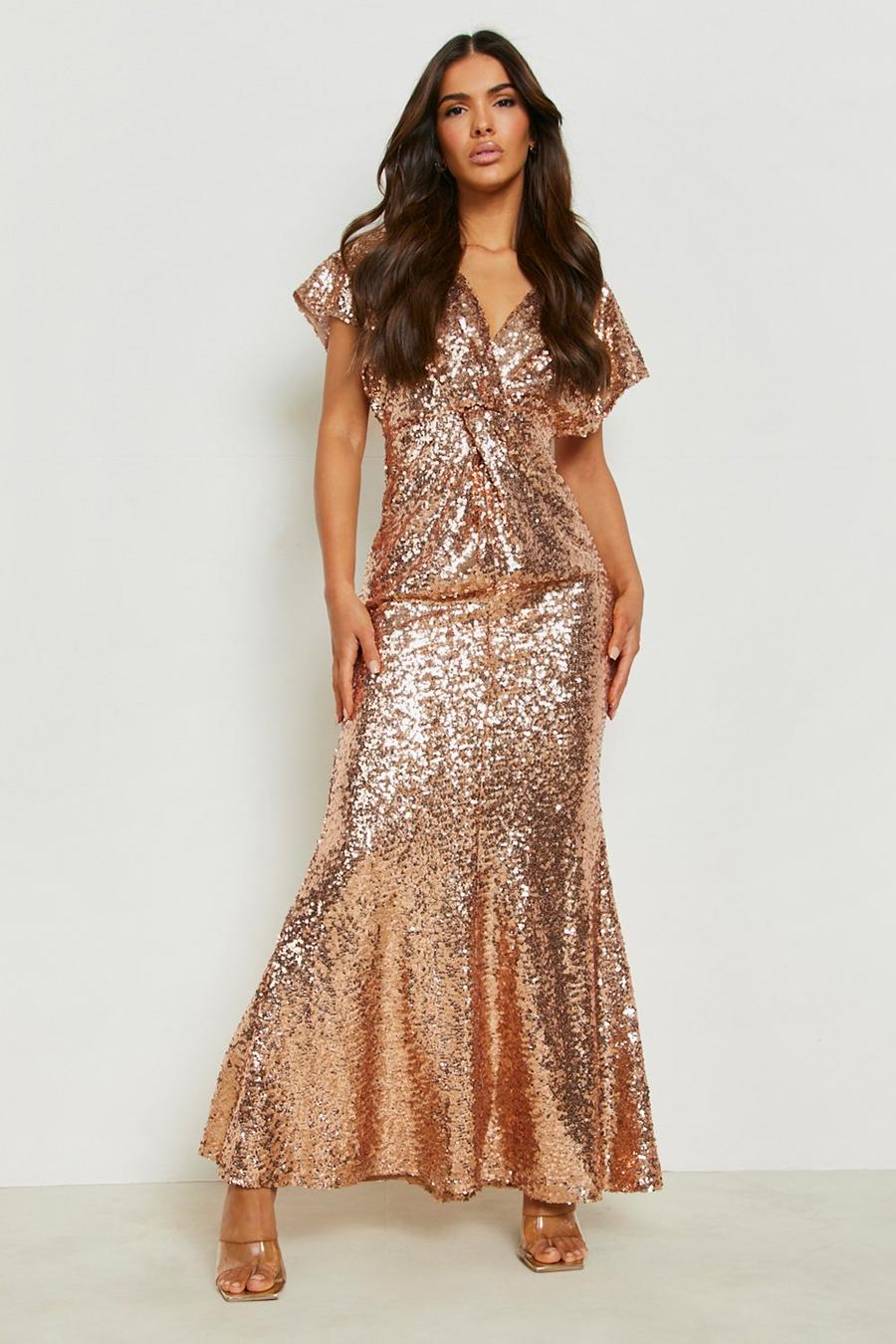 Rose gold metallic Sequin Twist Maxi Bridesmaid Dress