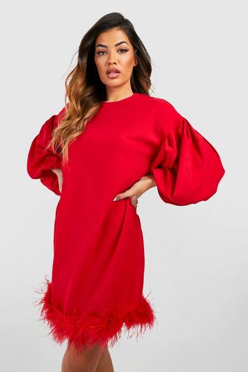 Feather Hem Balloon Sleeve Mini Dress red