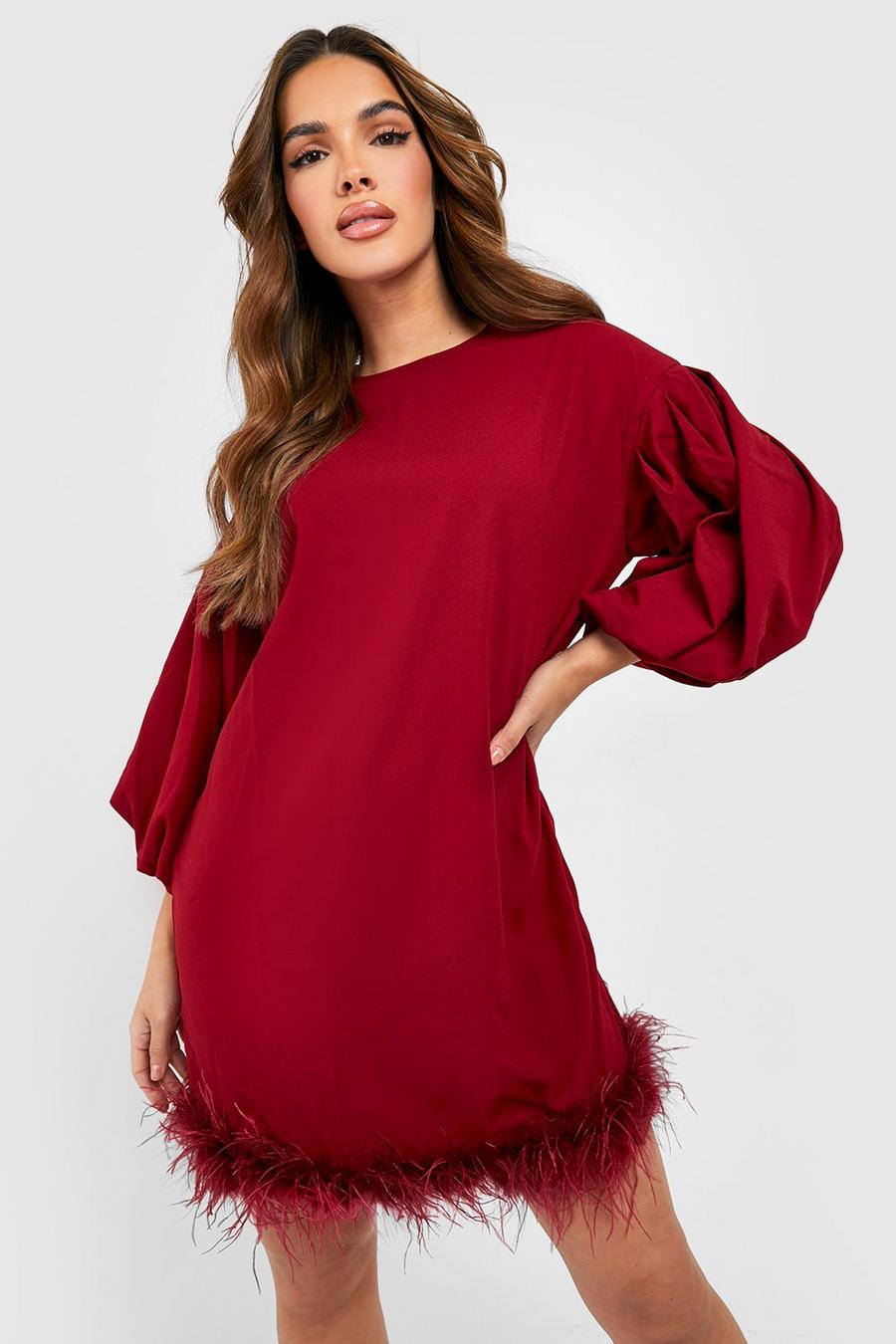 Wine Feather Hem Balloon Sleeve Mini Dress