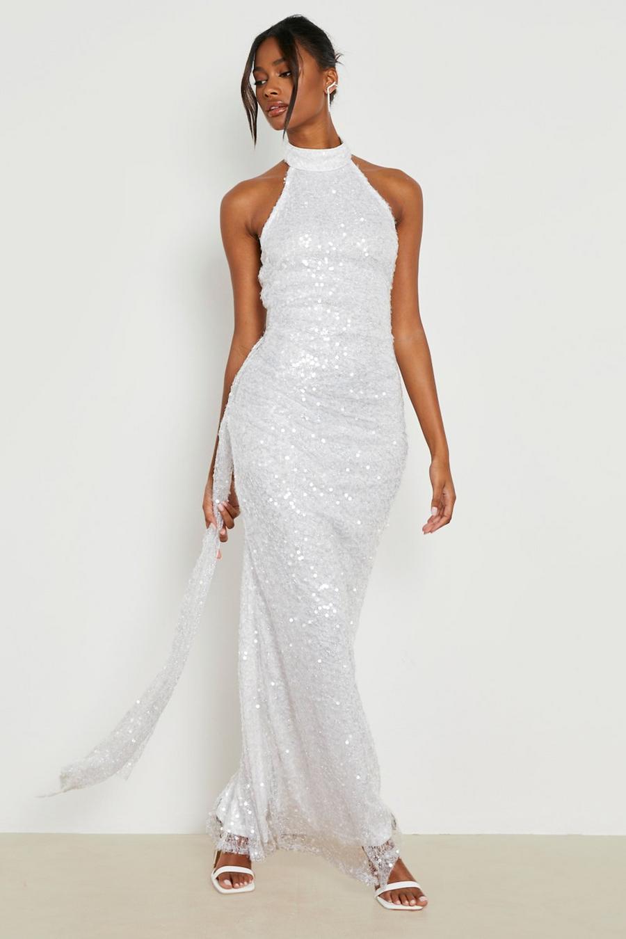 Champagne Sequin Halter Draped Maxi Dress image number 1