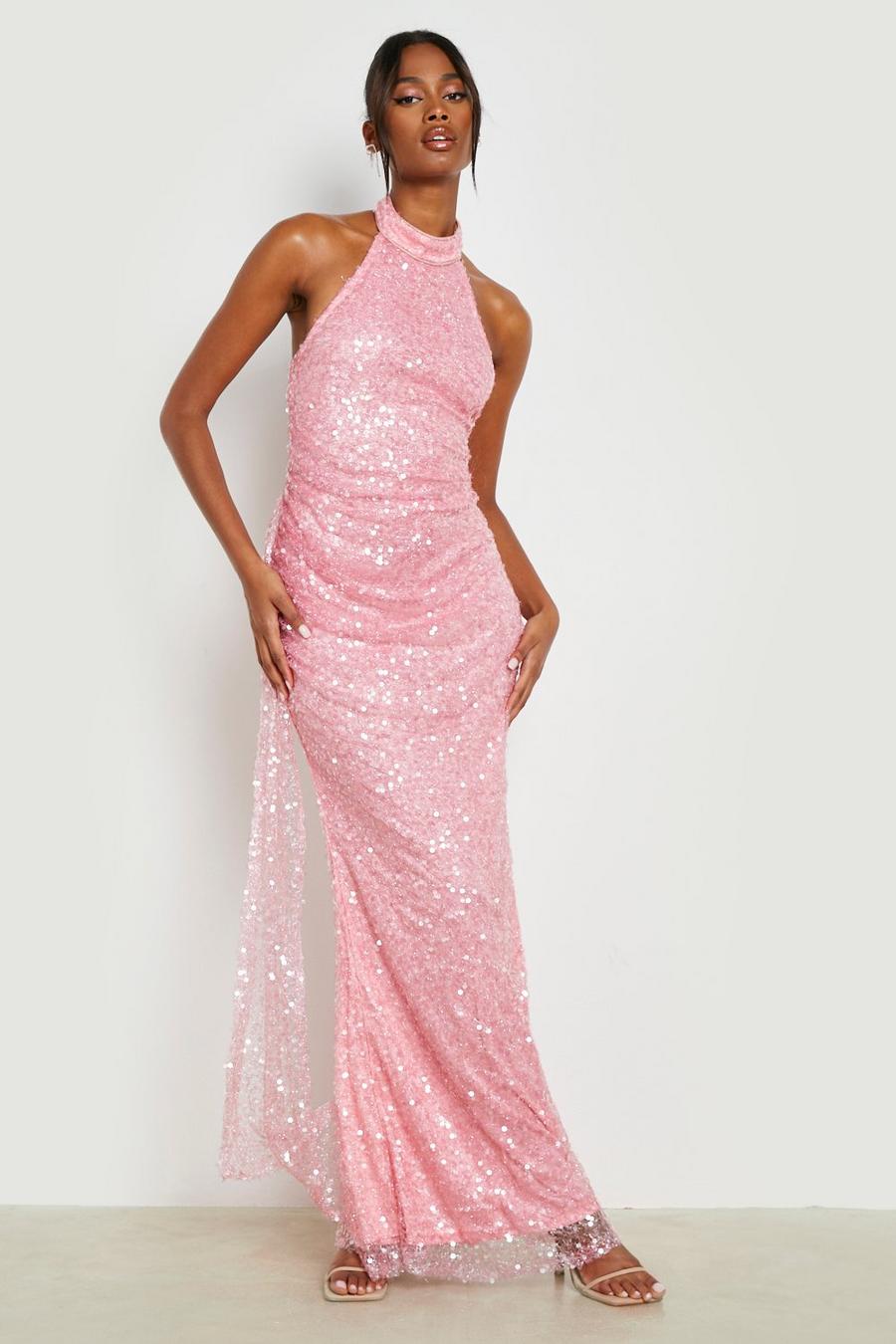 Hot pink Sequin Halterneck Draped Maxi Dress