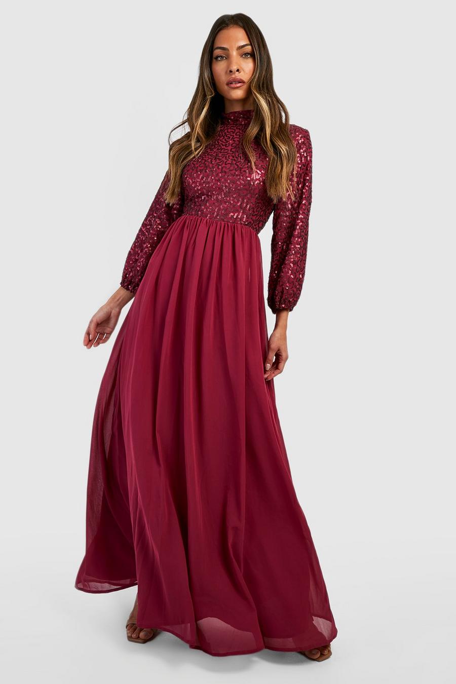 Berry Sequin High Neck Maxi Bridesmaid Dress image number 1