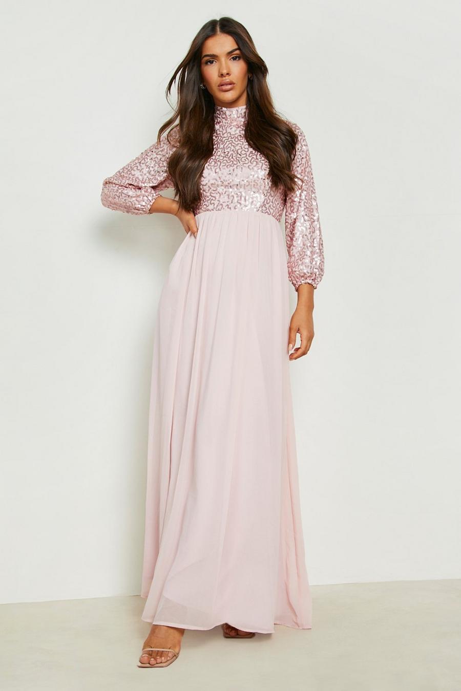 Blush Sequin High Neck Maxi Bridesmaid Dress image number 1