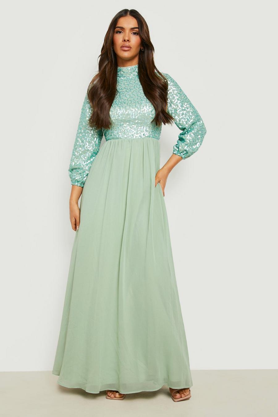 Sage grün Sequin High Neck Maxi Bridesmaid Dress image number 1