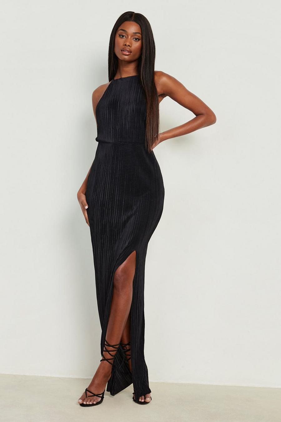 Black Plisse Pleated Thigh Split Maxi Dress image number 1