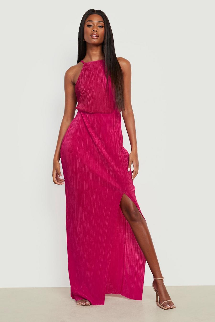 Hot pink Plisse Pleated Thigh Split Maxi Dress