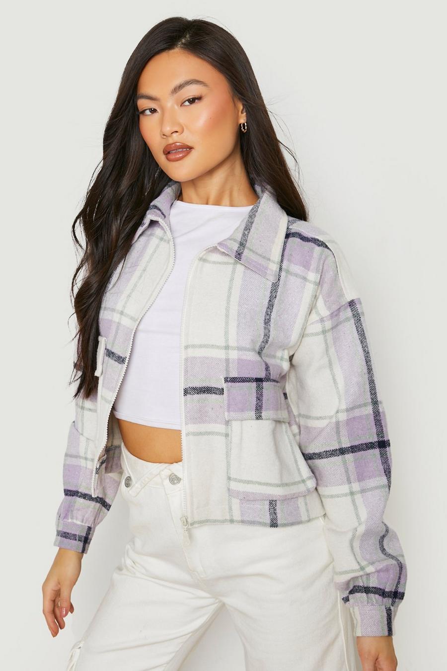 Lilac Cropped Zip Check Shacket image number 1