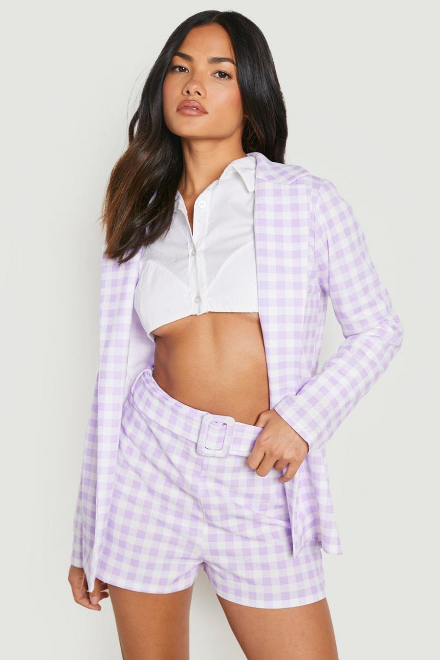 Lilac violet Gingham Blazer & Self Fabric Short Suit Set 