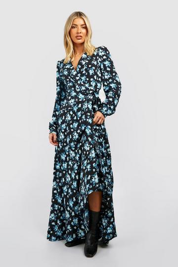 Floral Wrap Belted Maxi Dress black