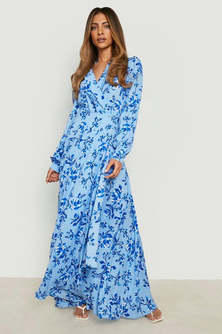 Blue Floral Wrap Belted Maxi Dress image number 1