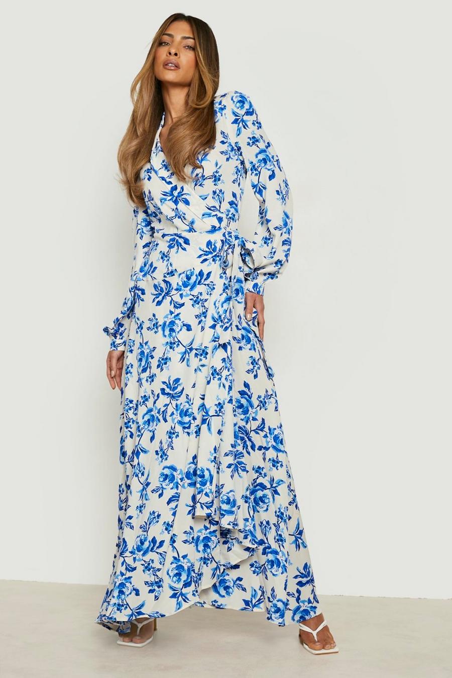 White Floral Wrap Belted Maxi Dress image number 1