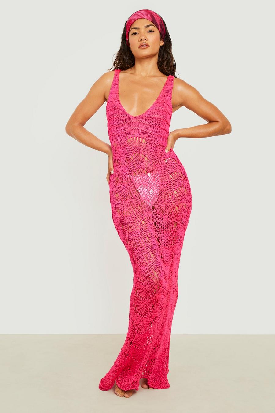 Pink Crochet Scallop Scoop Beach Dress