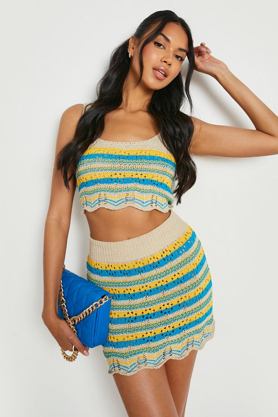 Yellow Crochet Stripe Crop Mini Skirt Beach Coord image number 1