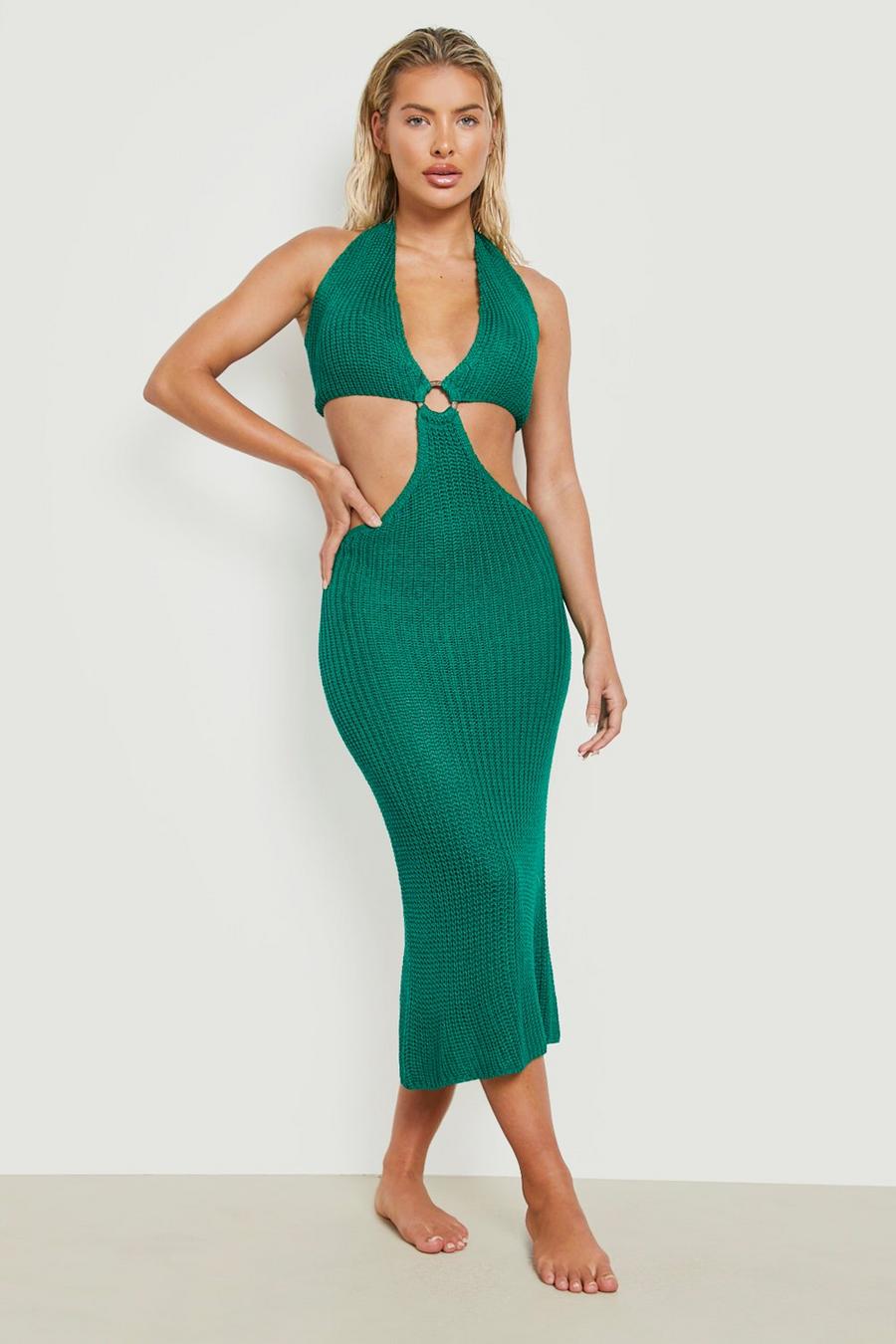 Green Knitted Ring Halter Midi Beach Dress image number 1