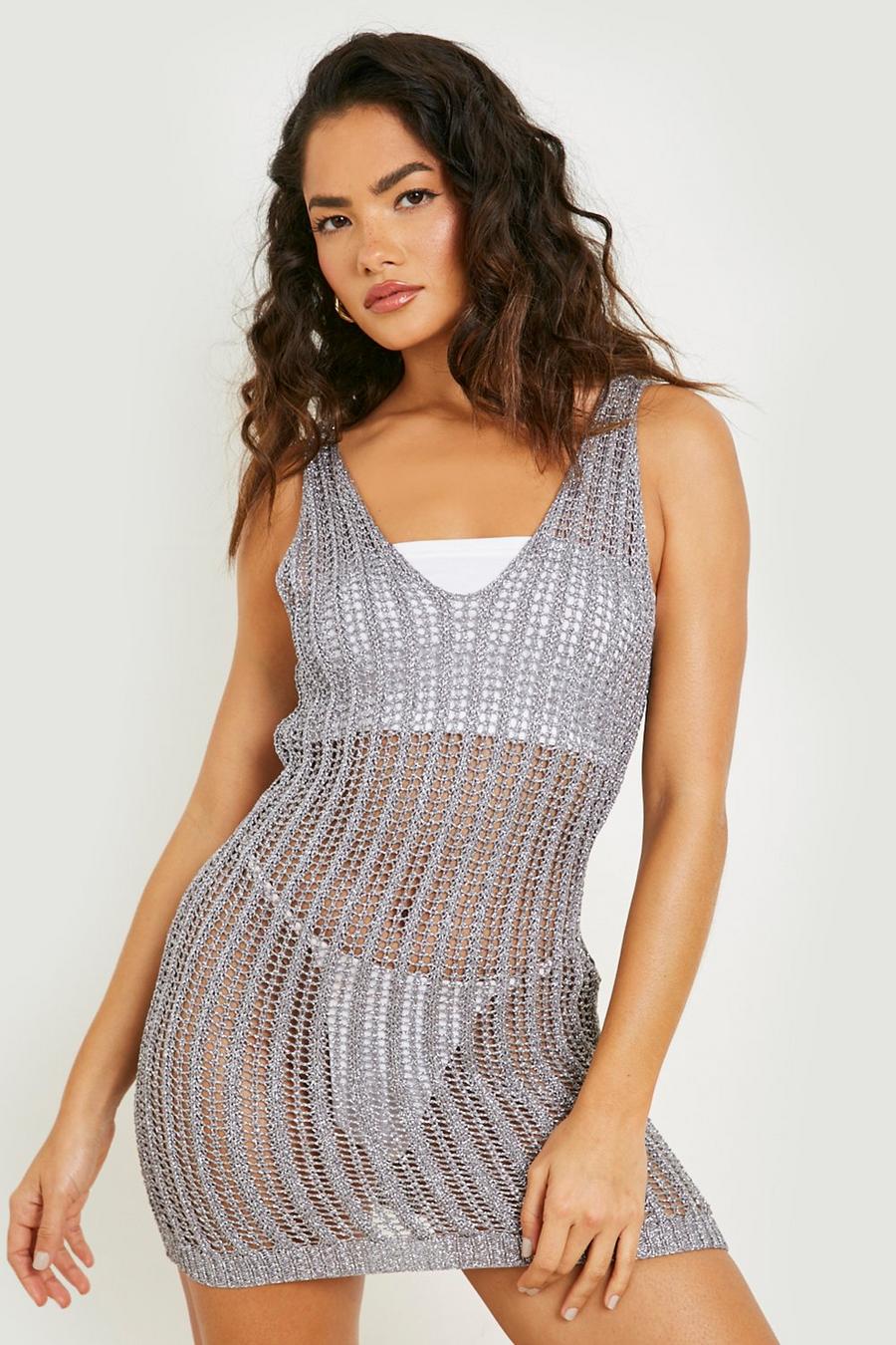 Charcoal Metallic Knit Plunge Sleeveless Beach Dress image number 1