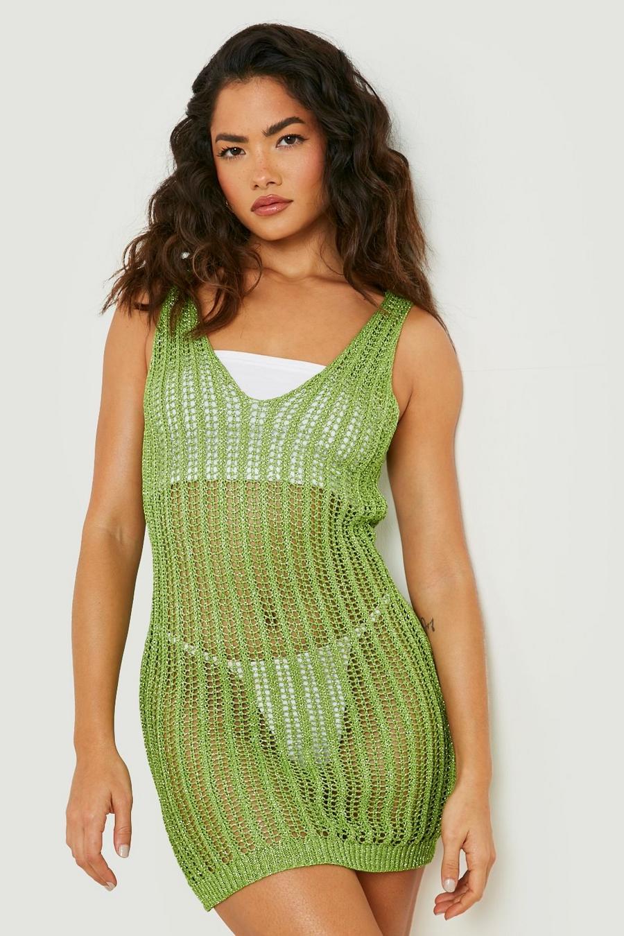 Lime Metallic Knit Plunge Sleeveless Beach Dress image number 1