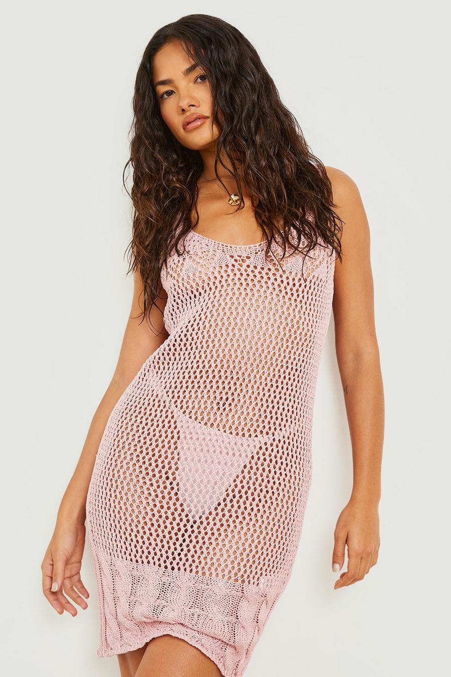 Pink Knitted Scoop Strappy Midi Beach Dress image number 1