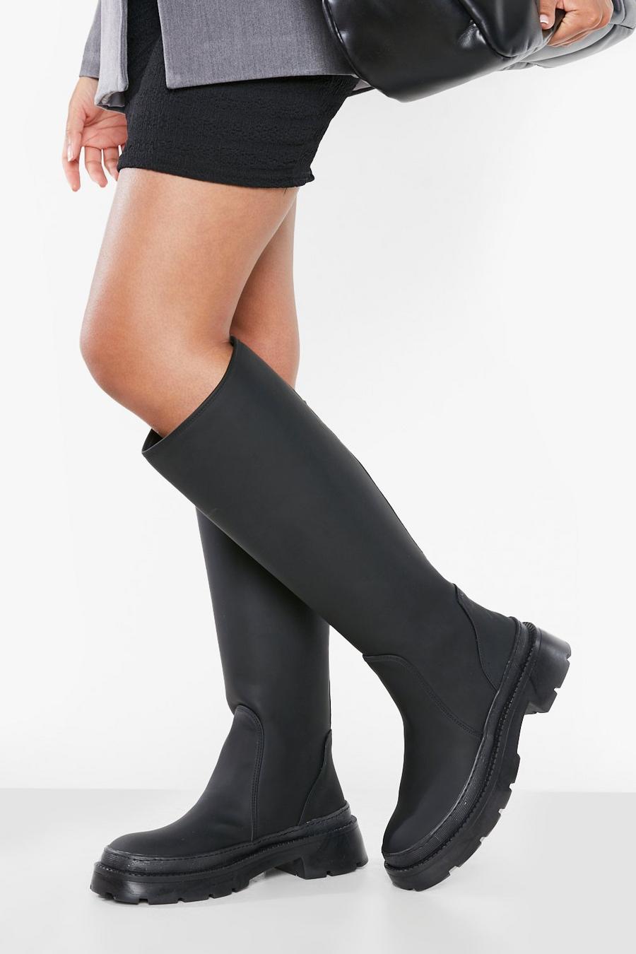 Black svart Knee High Rubber Boots