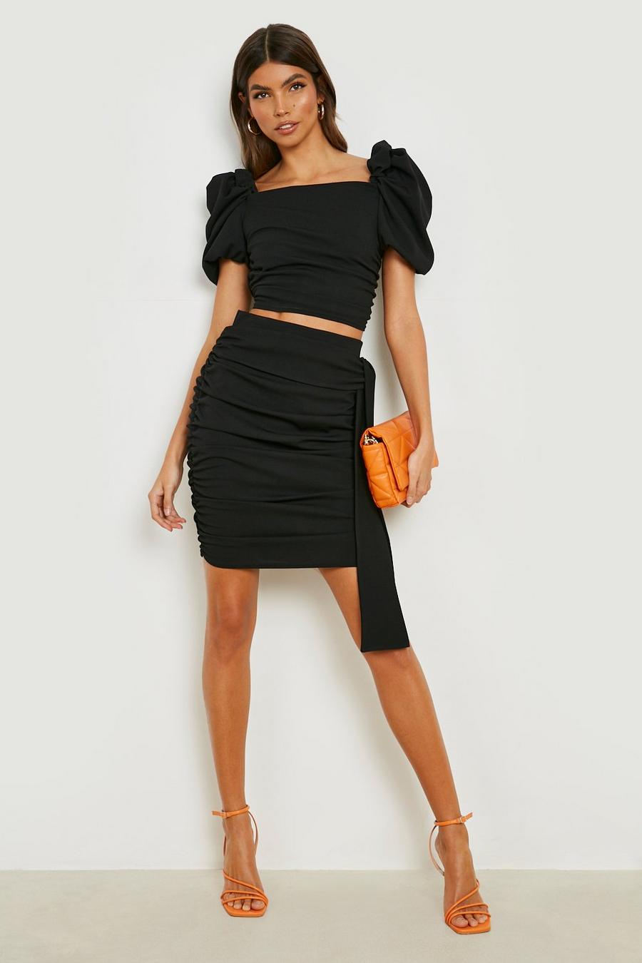 Black Puff Sleeve Ruched Top & Mini Skirt image number 1